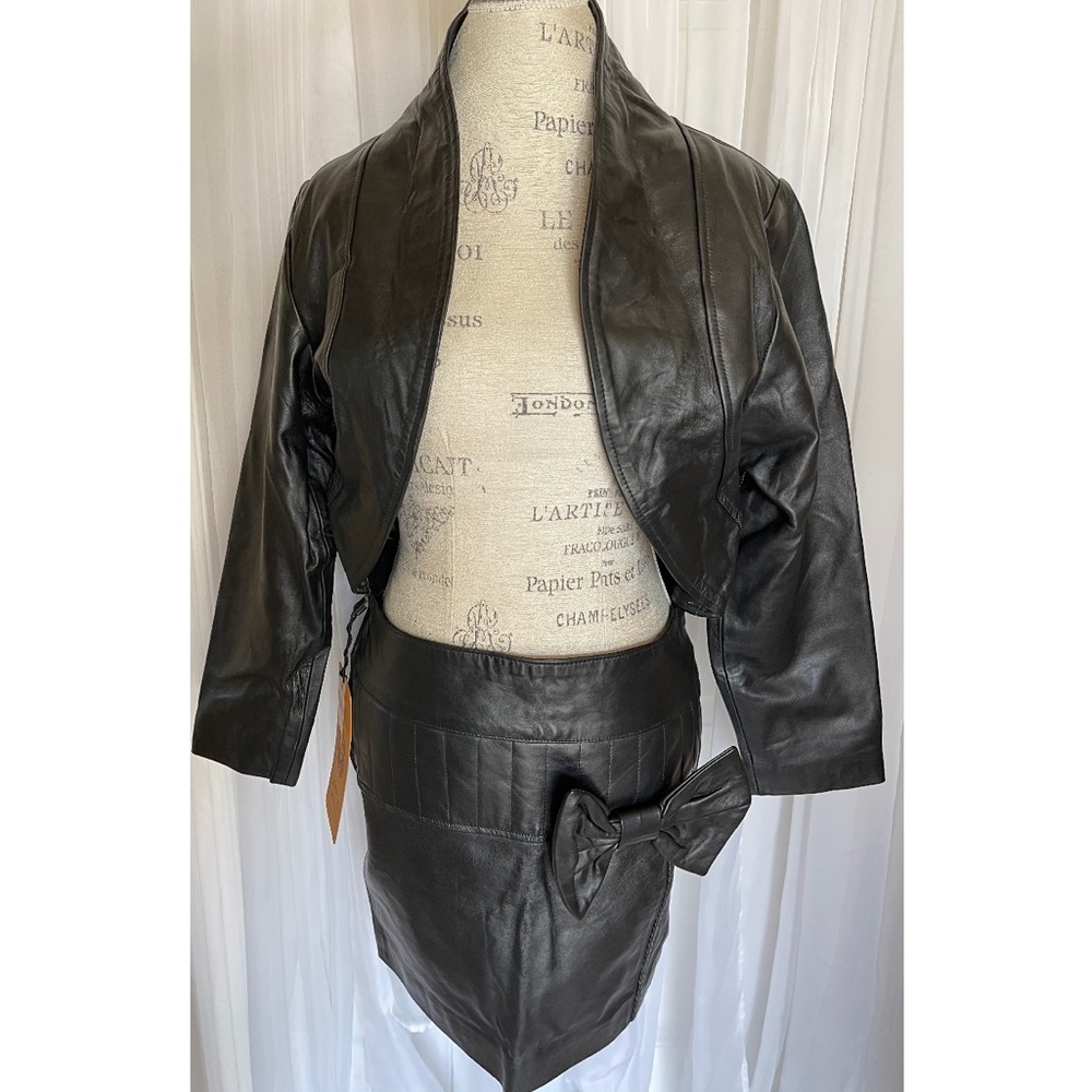 NWT Leathercult Handmade Black Leather 2-Pc Mini Skirt/Cropped Jacket Set Small